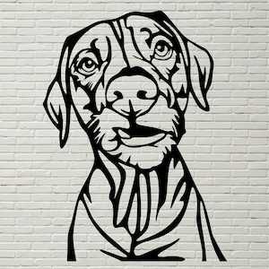 Könnte beinhalten: Schwarz-weiß-Linienkunst-Illustration eines Hundekopfes mit einem neugierigen Ausdruck. Der Hund hat Schlappohren und eine lange Schnauze.