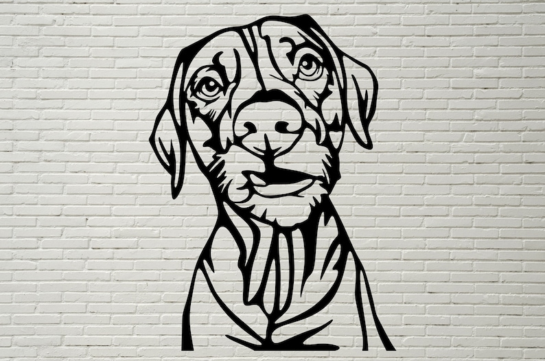 May include: Black and white line art illustration of a dog's head with a curious expression. The dog has floppy ears and a long snout.