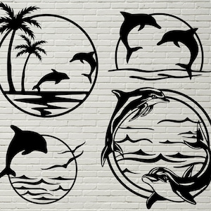 Dolphin scène SVG, Dolphin cut file pour laser, dxf pour plasma cnc fichier, décor mural, svg pour Cricut, Silhouette decal, Dolphin Clip Art vinyle