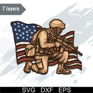 American Soldier with Flag multilayer SVG, DXF laser cut, 3D Layered Plywood, Paper cutting, Patriotic cut file, cricut, Animal Shadow Box