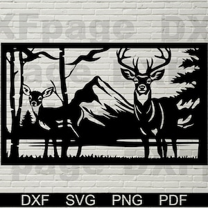 鹿 dxf、svg、野生動物のシーン、ゲート デザイン、プラズマ用 dxf ファイル、レーザー切断、cnc、金属フェンス、木製壁アート、パネル ステンシル ウォータージェット