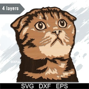 May include: A layered wooden cat head design with a light brown and dark brown wood grain pattern. The cat has large eyes and a surprised expression. The image includes the text "4 layers" and "SVG DXF EPS".