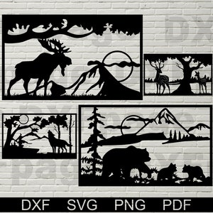 4 Wildlife scene DXF-bundel, svg-bestanden voor cricut, dxf-bestanden voor plasma cnc, lasergesneden, vectordieren, houten wanddecor, metalen panelen