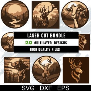 May include: A collection of 20 multilayer designs for laser cutting, featuring wildlife illustrations. The designs include images of deer, bears, and a goat, with text that reads "Laser Cut Bundle" and "High Quality Files."