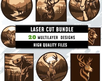 May include: A collection of 20 multilayer designs for laser cutting, featuring wildlife illustrations. The designs include images of deer, bears, and a goat, with text that reads "Laser Cut Bundle" and "High Quality Files."