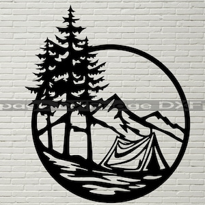Campeggio DXF file di taglio per plasma, Avventura cnc arredamento parete in legno, svg per Cricut, Silhouette dxf, modello taglio di carta, scena della fauna selvatica, taglio laser