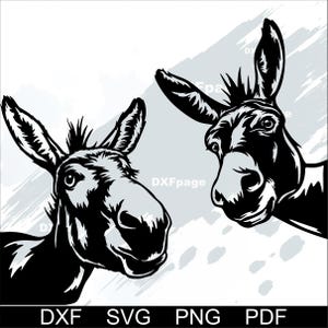 May include: Black and white illustration of two donkey heads. The donkeys are facing different directions, with detailed features and a textured background. The image includes the file type options: DXF, SVG, PNG, and PDF.