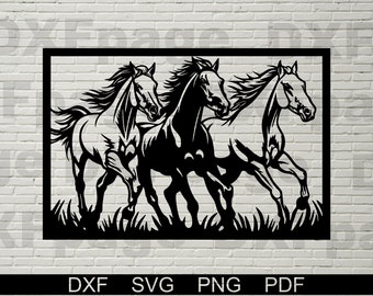 May include: Black metal wall art featuring three running horses. The horses are depicted in a silhouette style, with flowing manes and tails. The artwork includes the text "DXF SVG PNG PDF" at the bottom.