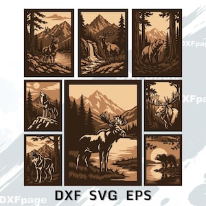 May include: A collection of eight rectangular illustrations featuring wildlife in mountain landscapes, including a deer, elk, bear, wolf, and moose. The artwork uses a sepia-toned color palette with dark brown outlines. Text reads DXF SVG EPS.