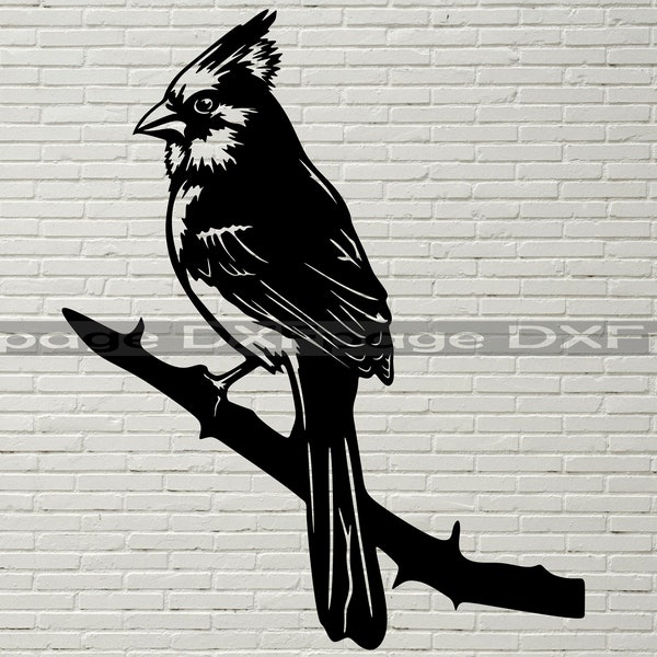 Cardinal Bird SVG, Tree Stake DXF cut file laser, dxf for plasma, Bird on a Branch cnc wood wall decor, svg for Cricut, Silhouette dxf