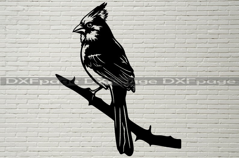 Cardinal Bird SVG, Tree Stake DXF cut file laser, dxf for plasma, Bird on a Branch cnc wood wall decor, svg for Cricut, Silhouette dxf image 1