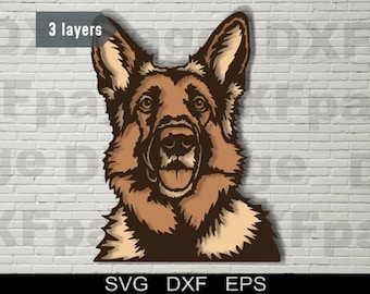 May include: A layered, brown and tan German Shepherd dog design. The dog's face is the focal point, with its tongue slightly visible. The image includes the text "3 layers" and "SVG DXF EPS". The design is set against a white brick wall.