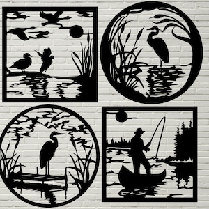 Fluss-Szene SVG, Lake Dxf Schablone, Fischer Dxf für Plasma, geschnitten Laser, cnc Datei, SVG für Cricut, Silhouette, Papercut Vorlage, Metall-Kunst