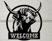 Highland Cow Welcome sign DXF CNC, dxf file for laser, SVG File for Cricut, Silhouette dxf, farm animal, dxf file for plasma, ranch decor