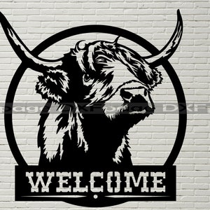 Sinal de boas-vindas da Highland Cow DXF CNC, arquivo dxf para laser, arquivo SVG para Cricut, silhueta dxf, animal de fazenda, arquivo dxf para plasma, decoração de rancho