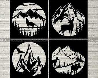 4 Wildlife stencil, mountains svg, DXF panels, svg cut file, dxf files for plasma, laser cnc, Vector Animals, wall decor, Cricut, Silhouette