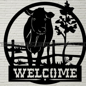 ウェルカム サイン DXF CNC、牛 SVG、レーザー用 dxf ファイル、Cricut 用 SVG ファイル、シルエット dxf、農場の動物 SVG、プラズマ用 dxf ファイル、牧場の装飾