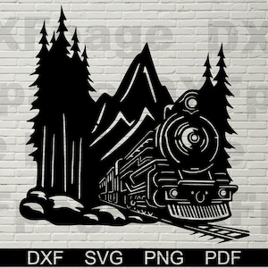 Escena del tren de montaña svg dxf, archivos cortados para cricut, Vintage Svg, silueta dxf, láser de plasma cnc, panel metálico de arte de pared de madera, imágenes prediseñadas vectoriales