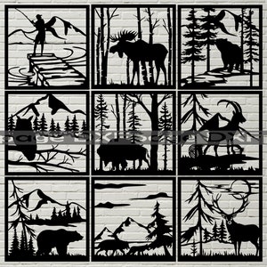 9 Tierszene, DXF Schablone, SVG Schneidedatei für Cricut, Dxf Dateien für Plasma CNC, Laser cut, Vektor Tiere, Holz Wand Dekor, Metall Panele