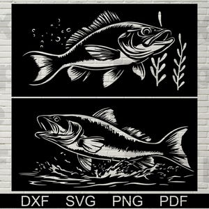 釣りパネル DXF カットファイル、プラズマ用魚シーン、レーザーカット、CNC、クリカット、木製ウォールアート、金属看板、野生動物ステンシル、バス魚デザイン