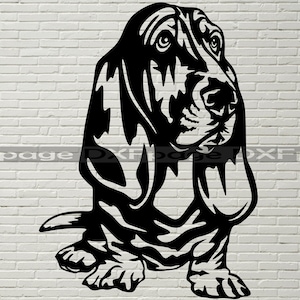 May include: Black and white silhouette of a basset hound dog with long floppy ears, sitting with its head tilted to the side.