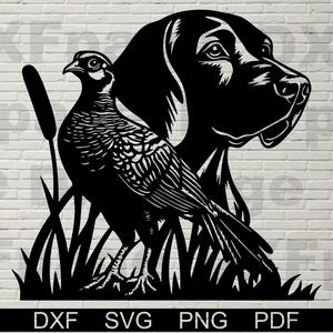 May include: Black and white silhouette of a dog and a pheasant with tall grass in the background.