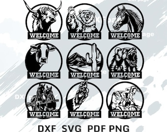 Willkommensschild SVG Bundle, Bauernhof Tier Laser Cut Dateien, CNC CNC Laser Cut Dateien, Ranch Metallwandkunst, Glowforge Dateien, Kuh Pferd Bär Designs