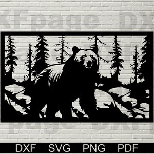 クマ dxf、svg、野生動物のシーン、ゲート デザイン、プラズマ用 dxf ファイル、レーザー切断、cnc、金属フェンス、木製壁アート、パネル ステンシル ウォータージェット