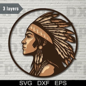 Ragazza nativa americana multistrato SVG, DXF taglio laser, compensato stratificato, taglio carta, file di taglio router CNC, Cricut, mandala 3D, donna indiana