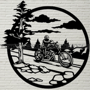 Motorfiets scène SVG, Motor Bike gesneden bestand laser, dxf voor plasma, Motorrijder cnc houten wand decor, svg voor Cricut, metalen Motorfiets teken