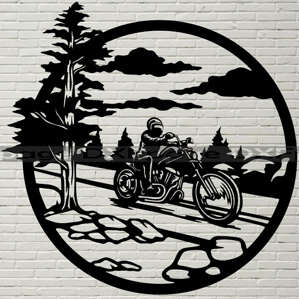 Motorcycle scene SVG, Motor Bike cut file laser, dxf for plasma, Motorcyclist cnc wood wall decor, svg for Cricut, metal Motorcycle sign