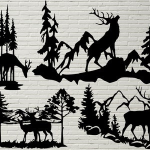Hirsch-Szene SVG DXF, Tiere geschnitten Datei für Laser, Dxf für Plasma, Hirsch cnc Datei-Wand-Dekor, Svg für Cricut, Silhouette Aufkleber Papercut Vorlage