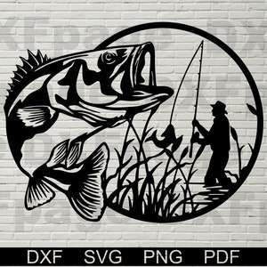 Bass Angeln SVG, DXF Dateien für Lasercut, Lasercut, Cnc, Cricut, Holz Wand Kunst, Metall Panel, Bass Fisch Stenale