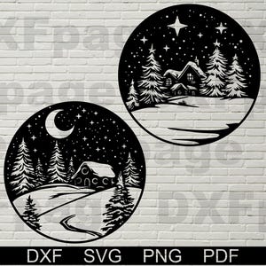 Winter Szene DXF, SVG Schnitt Datei, Cricut Clipart, Dxf Datei für Laser, Papierschnitt, Haus Weihnachten, Holz Wand Kunst, Geschenk, Dorf, Urlaub
