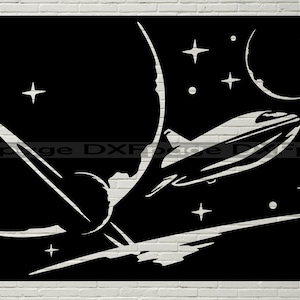 May include: A black and white silhouette of a spaceship flying through space. The spaceship is flying past a planet and a crescent moon. There are stars in the background.