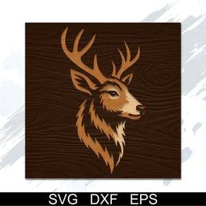 May include: A wooden deer head design with detailed antlers and fur, set against a dark brown wood grain background. The image includes the text "SVG DXF EPS" at the bottom, indicating file formats.