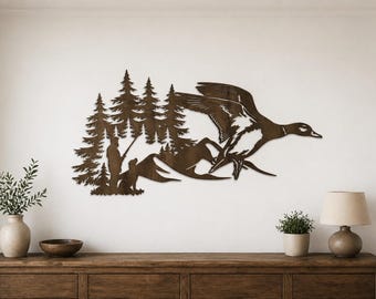 Duck Hunting Scene SVG, Mallard Hunter Wall Art DXF, Forest Lake Decor, Flying Duck Plywood Sign, CNC Laser Cut File, Glowforge, xTool, png