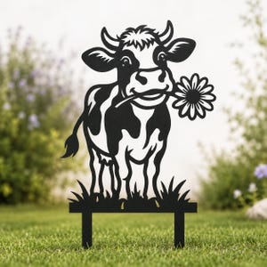 Cute Cow Garden Stake SVG Laser Cut File, Funny Farm Cow with Flower, Metal Garden Decor, CNC Plasma DXF