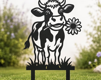 Niedliche Kuh-Gartenstecker-SVG-Datei für Laserschnitt, lustige Bauernhofkuh mit Blume, Metall-Gartendekoration, CNC-Plasma-DXF
