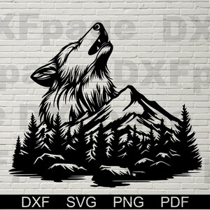 Wolf SVG, Berglandschaft DXF, SVG-Schnittdatei für Cricut, Dxf-Dateien für Laser geschnitten, Holz- Wanddekor, Metallplatten