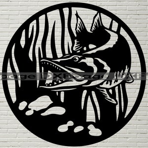 Brochet scène Svg, Fichiers DXF de pêche pour plasma, Découpe laser, cnc, svg pour cricut, art mural en bois, panneau métallique, pochoir de la faune, vecteur de poisson