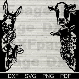 Tiere auf dem Bauernhof SVG Dxf, Esel Ziege Schaf Kuh Kuh Huhn, spähende Schnittdateien, Silhouette dxf, Cricut, Clipart, Shirt-Design, Laser, Plasmen dxf
