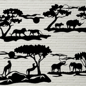 Africa scena SVG DXF, Safari Animals file di taglio per laser, dxf per plasma, file cnc, arredamento parete, svg per Cricut, Silhouette decal vinile design