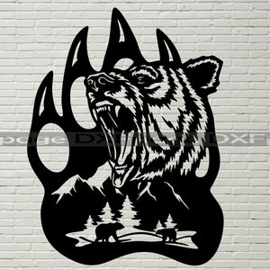 Berenscène DXF, Dieren gesneden bestand laser, dxf voor plasma, Grizzly Bear cnc houten wand decor, svg voor Cricut, papercut sjabloon, Bear paw teken