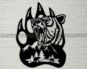 May include: Black and white silhouette of a bear's head roaring with a mountain scene and three smaller bears in the background. The bear's head is inside a bear paw print.