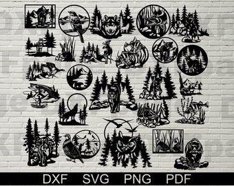 May include: A collection of 20 black and white silhouette designs featuring various animals and nature scenes. The designs include a wolf, deer, owl, fish, birds, and trees. The designs are perfect for crafting projects, such as cutting, etching, or engraving.