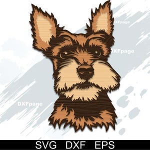Puede incluir: Un recorte de madera de la cabeza de un perro, con un diseño detallado en varios tonos de marrón. El pelaje del perro se representa con intrincados patrones de vetas de madera. El texto "SVG DXF EPS" está incluido.