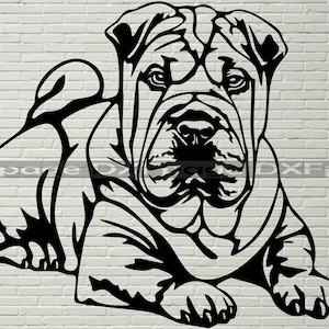 May include: Black and white line art illustration of a Shar-Pei dog sitting with its head tilted to the side. The dog has wrinkles on its face and body.