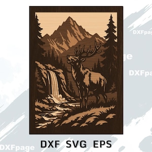 Può includere: Arte da parete in legno raffigurante un paesaggio montano dettagliato con una cascata, alberi e un maestoso alce. L'opera è incorniciata in legno scuro, con il testo "DXF SVG EPS" in basso. Design in stile taglio laser.