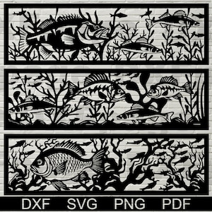 Pannelli da pesca Svg, file DXF scena di pesce per plasma, taglio laser, cnc, cricut, arte della parete in legno, cartello in metallo, stencil della fauna selvatica, spigola vettoriale